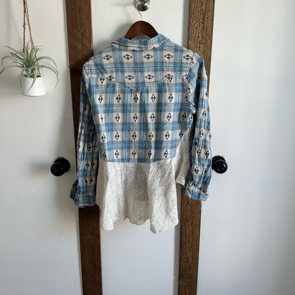 VTG 90s Angie Women S Southwestern Button Up Top Lace Peplum Blue Plaid Boho - Picture 5 of 15
